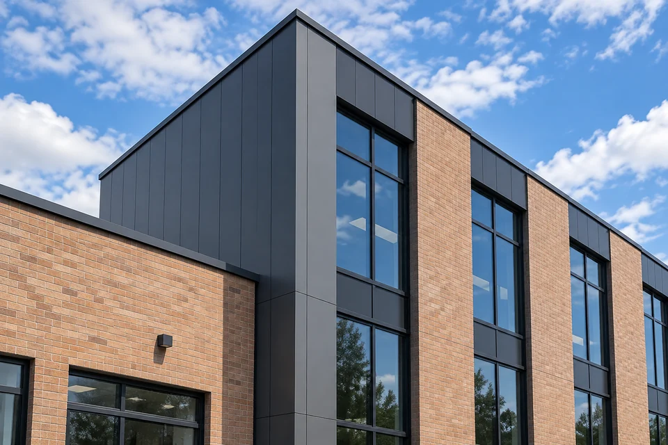 Modern British commercial building with brick and dark metal cladding