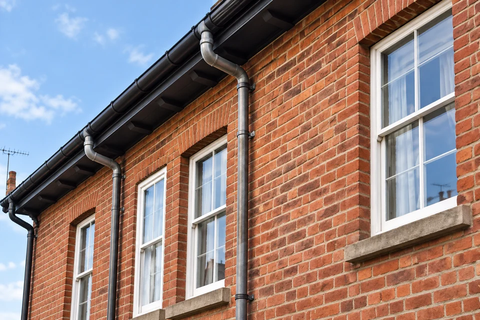 Traditional British red-brick facade with white sash windows