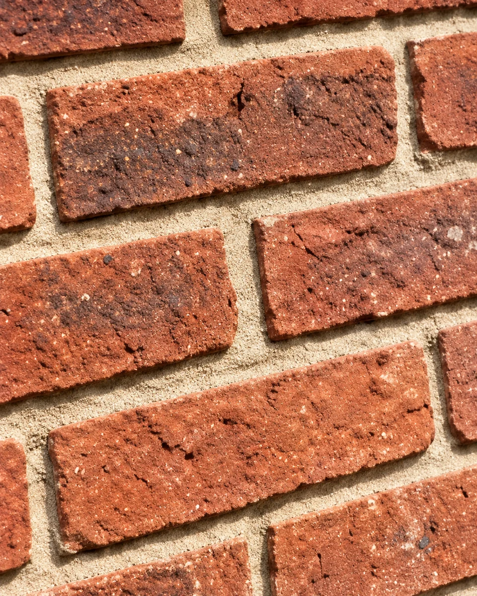 Close view of red brickwork and sound pale mortar