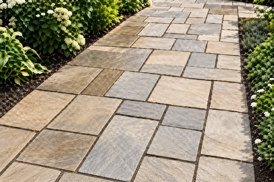 Clean sandstone garden patio beside planted borders