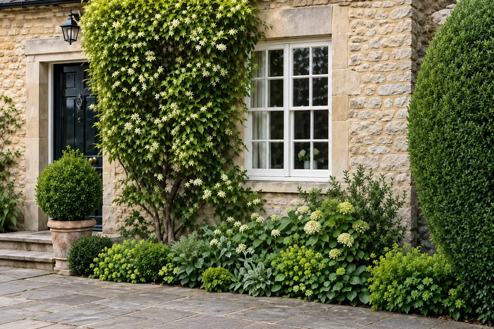 Traditional stone cottage with climbing plants and a garden