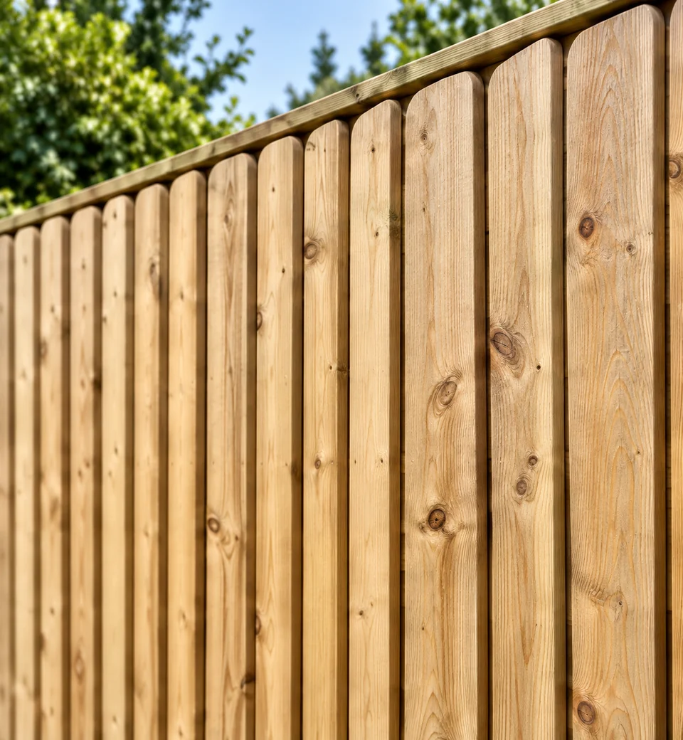 Clean timber garden fence with natural grain and green planting